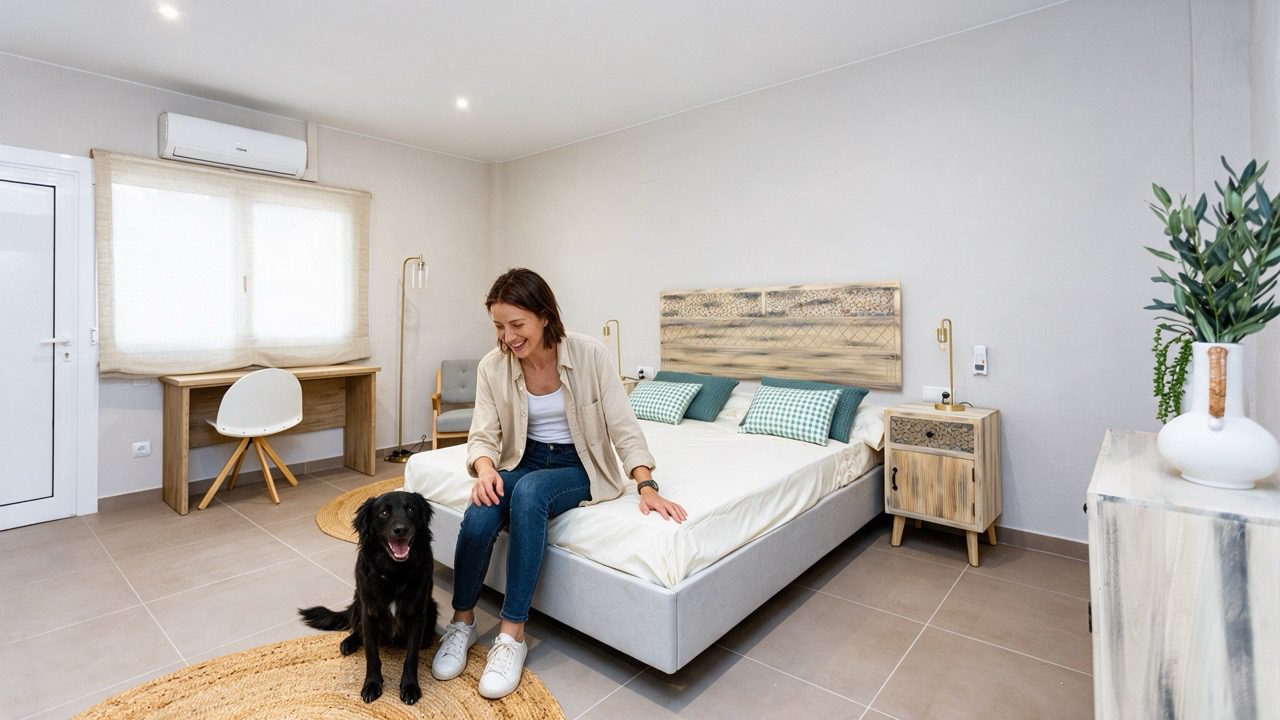 Huésped sonriendo junto a su mascota en el centro residencial